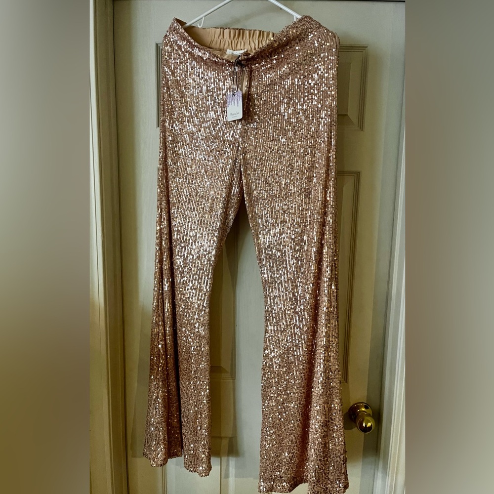 NEW Rose gold bell bottom sparkle pants Size -Large